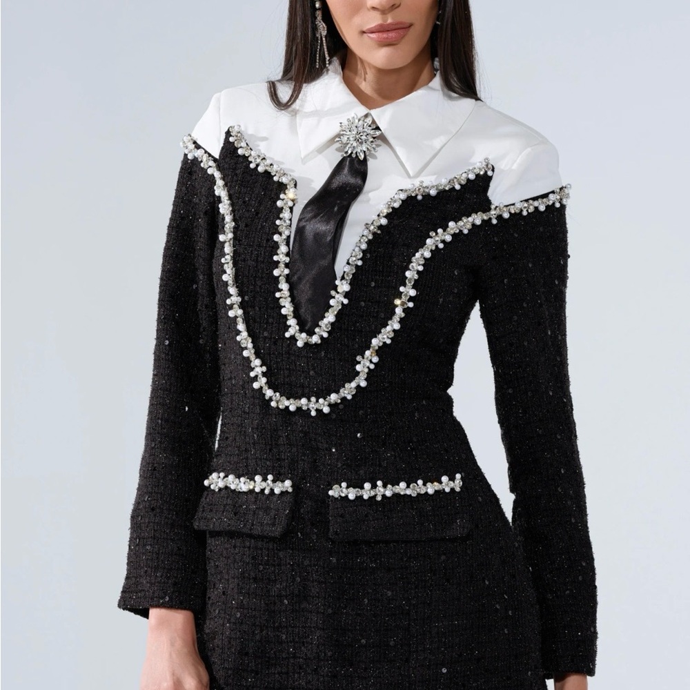 AKIRA Black Tweed Pearl-Trim Dress with White Collar